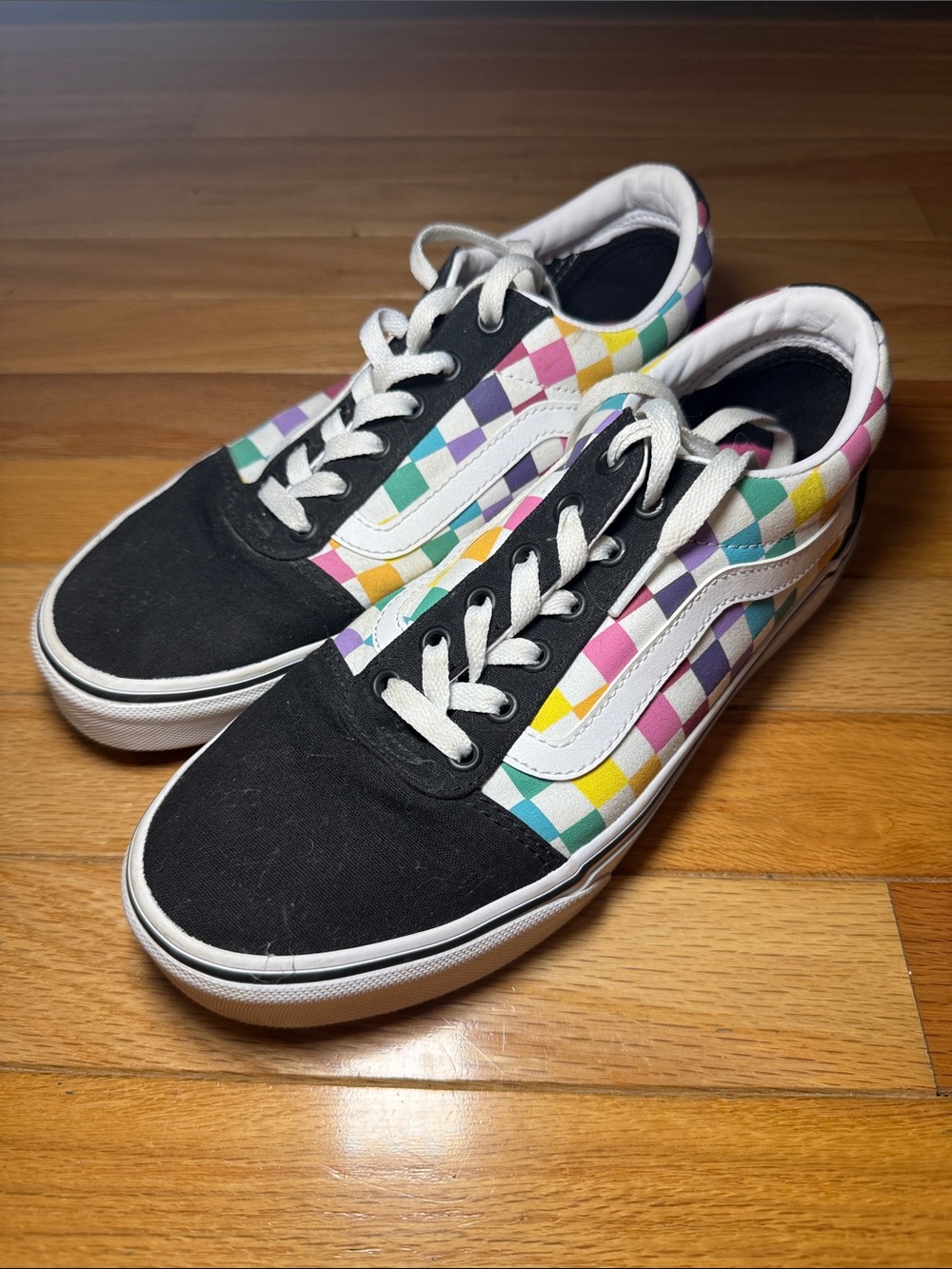 Vans Women’s Checkerboard Sneakers - Black with Pastel Multicolor